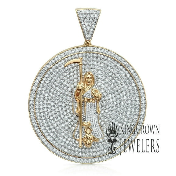 Big XL 3'' Real Yellow Gold Sterling Silver Grim Reaper Angel Of Death Medallion Lab Diamonds Mens Pendant Charm