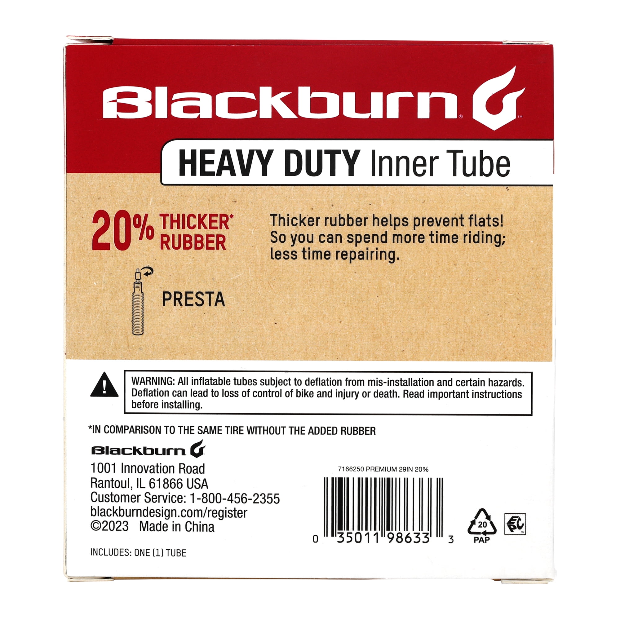 Blackburn 29" Heavy Duty Bicycle Inner Tube, Presta Valve, Black