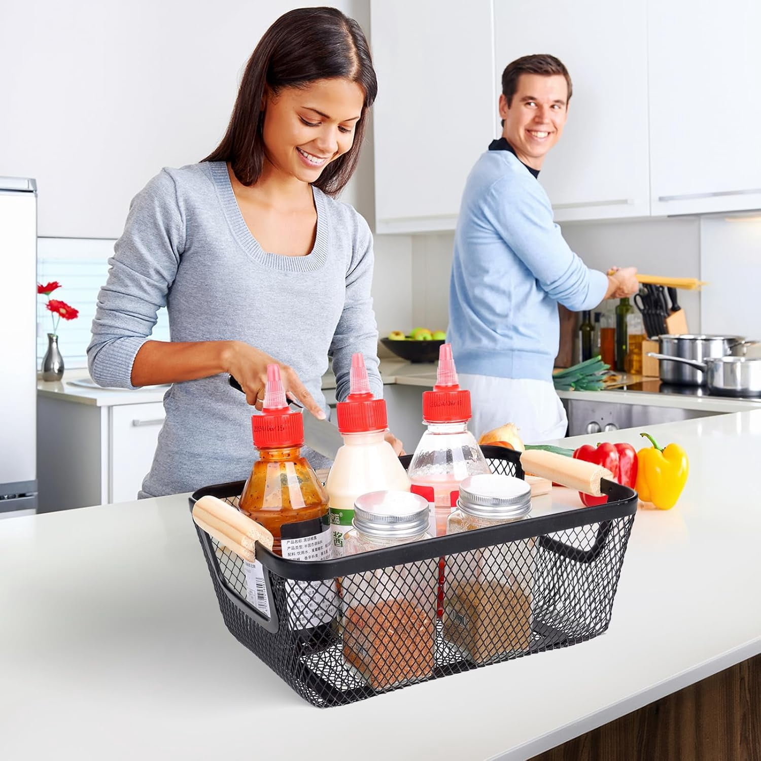 6Pack Black Wire Basket with Wooden Handle, Storage Bins for Pantry, Metal Mesh Basket for Kitchen Organization, Snack Organizer for Home Cabinet Closet Bathroom Fridge Fruit Makeup and Office