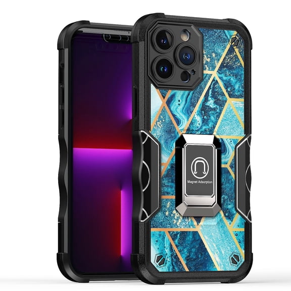 Military Grade Shockproof Hybrid Armor Case with Ring Grip for iPhone 14 Pro - Marble Blue