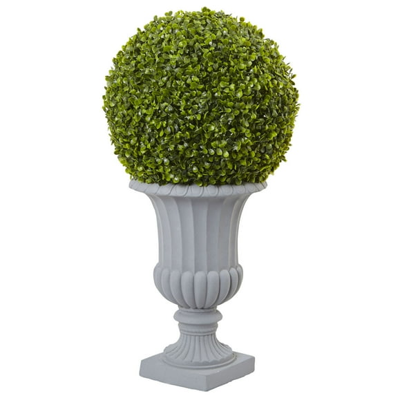 Nearly Natural Indoor/Outdoor 30" Boxwood Topiary with Urn in Green/Gray