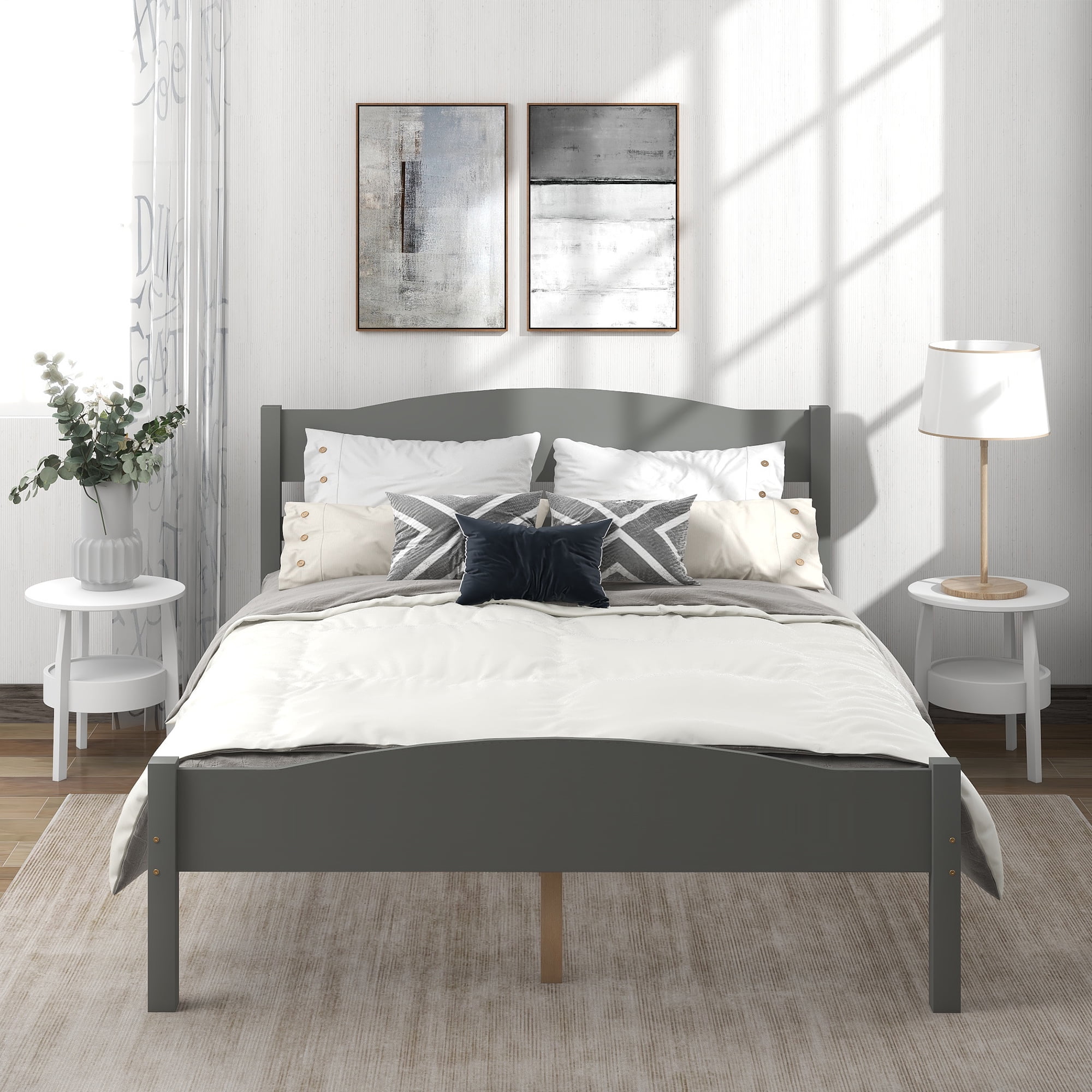 Queen bed frame no box spring needed 2021 upgraded solid wood platform bed frame with headboard deals