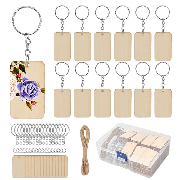 BUYGO, BUYGOO 80 Pcs Porte-Clés en Bois Rectangulaire Vierge, Pièces de Bois Non Finies avec 80 Pcs Anneaux Porte-Clés et Corde de Chanvre Porte-Clés Personnalisé Porte-Clés Étiquettes Porte-Clés Fournitures pour Bricolage
