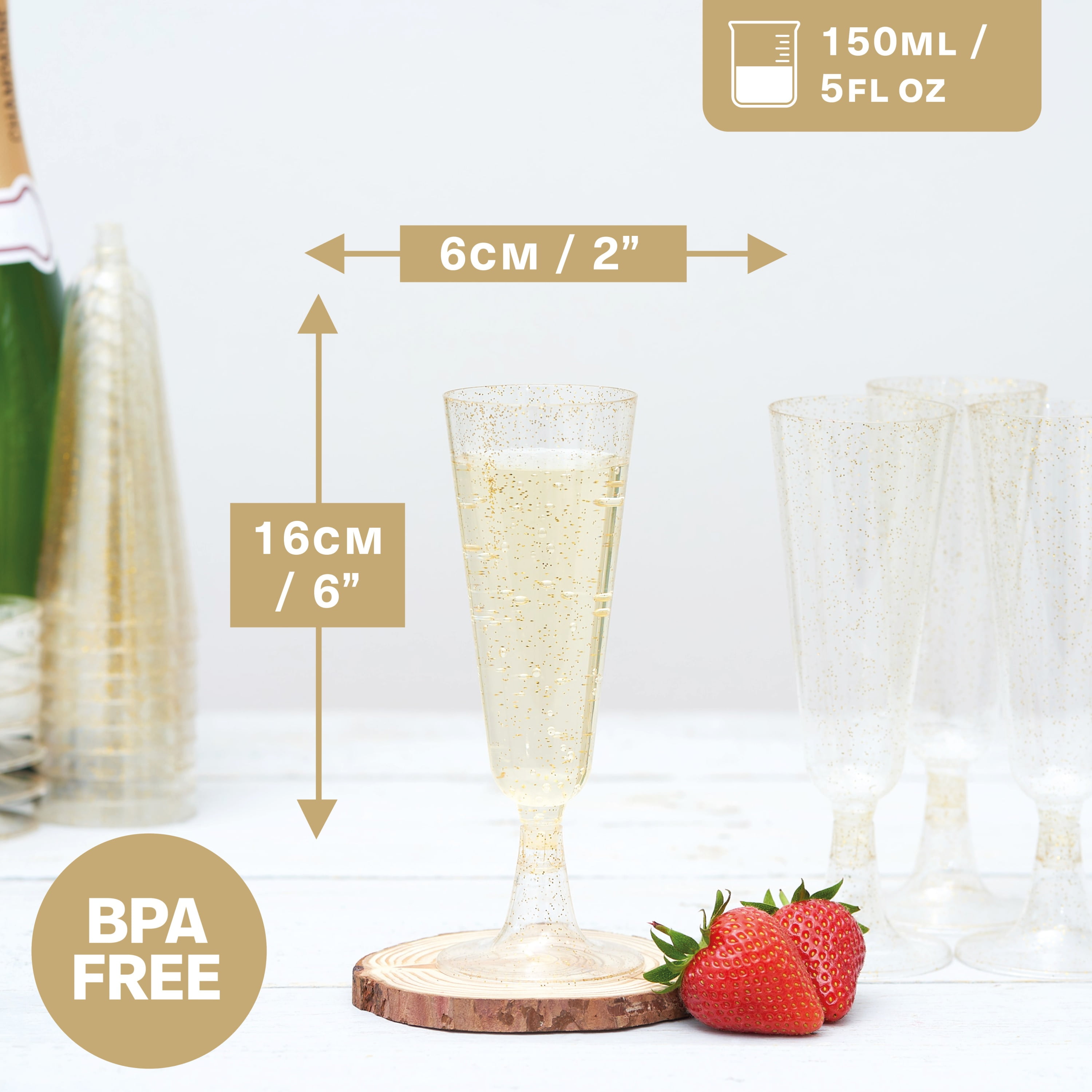 MATANA 5oz Gold Glitter Reusable Plastic Champagne Flutes Set of 50