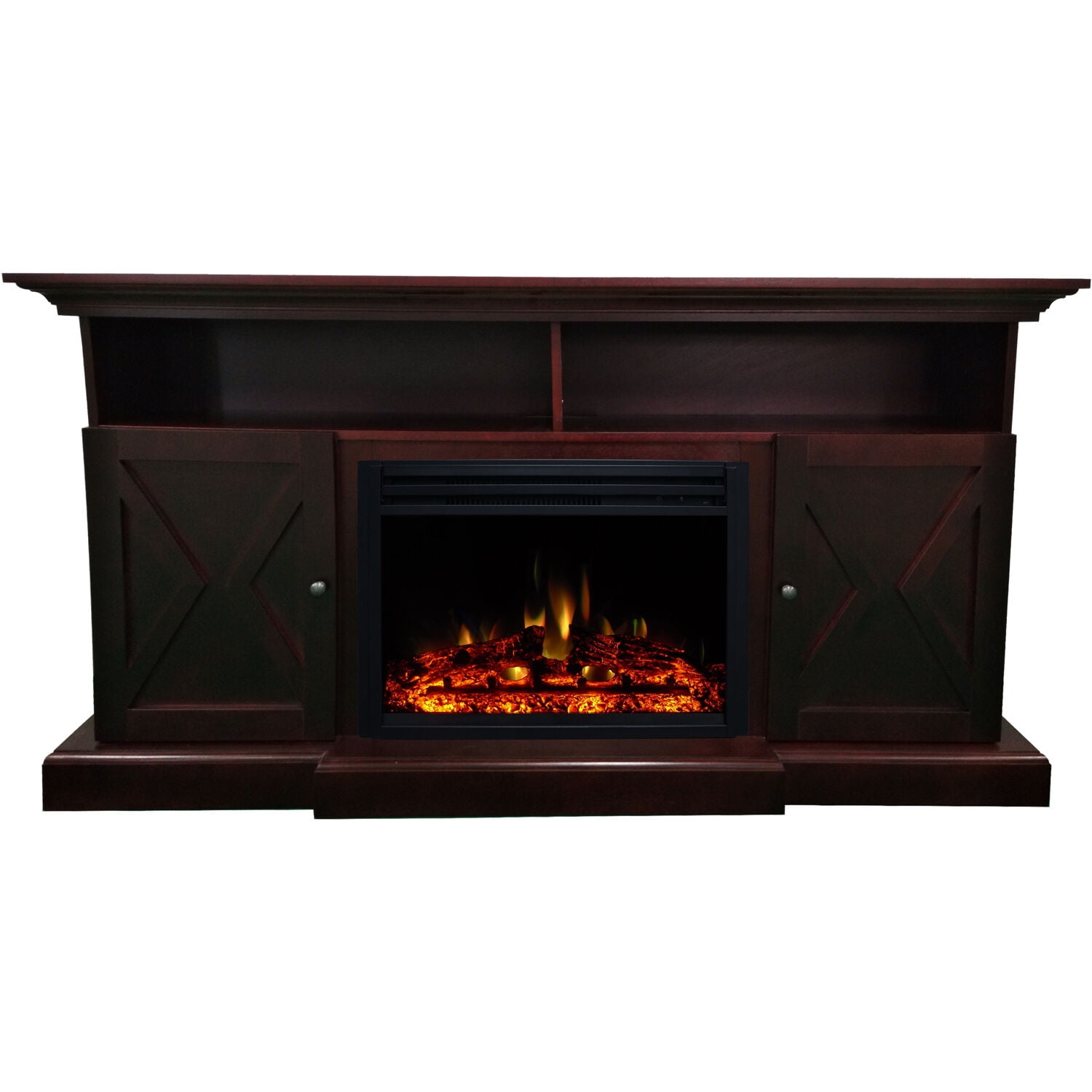 Cambridge 62in. Summit Farmhouse Style Electric Fireplace Mantel with Deep Log Insert, Mahogany