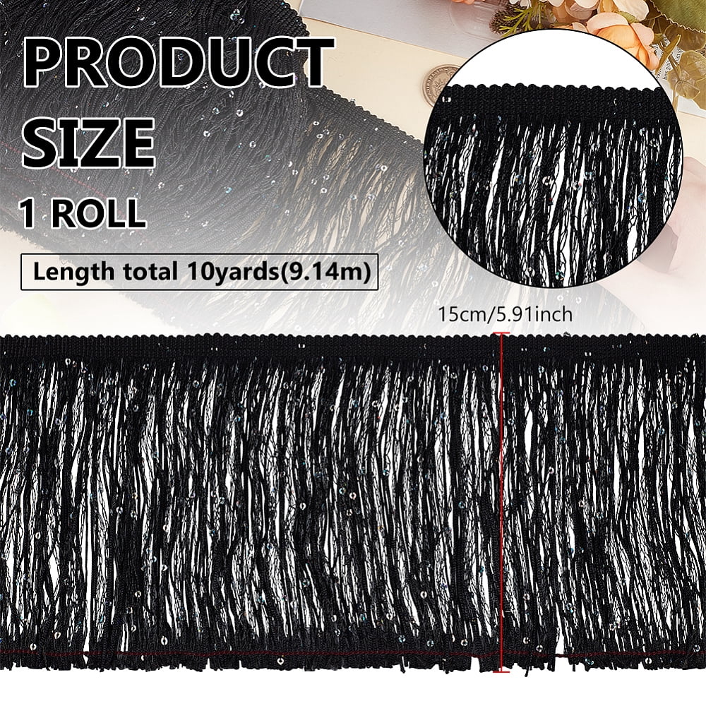 10yards Paillette Tassel Polyester Ribbon Trim Clothes Accessories Black 5-7/8 inch(150mm)