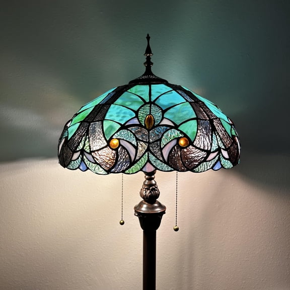 Tiffany Floor Lamp Green Brown Stained Glass LED bulbs included Pull Chain Switches For Living Room Bedroom Bedside 16"W*16"D*64"H