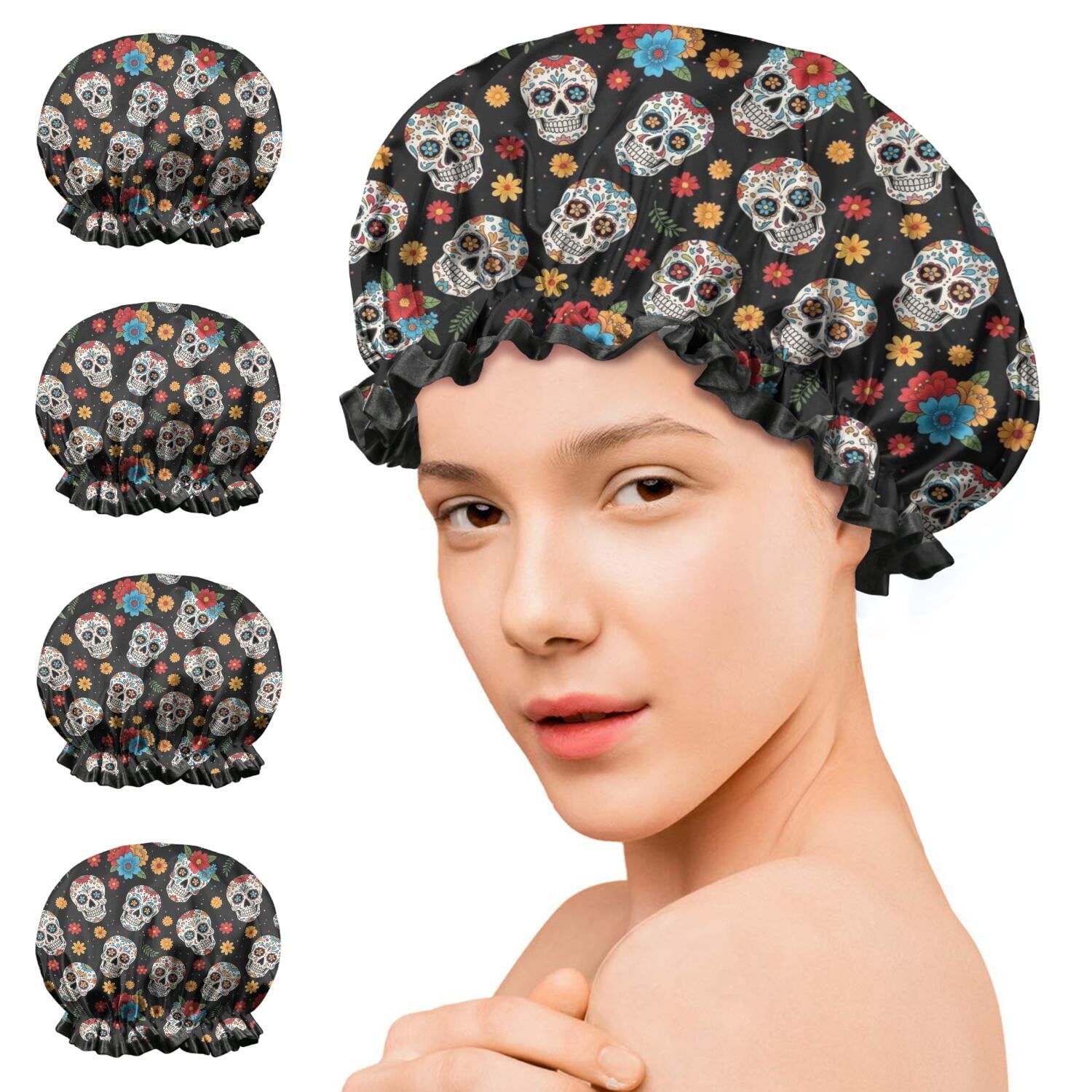 Shower Caps,Black Colorful Skull Flower Pattern Waterproof Shower Cap for Women 4 Pieces,Double Reusable Hair Cover for Shower PEVA Elastic Stretch Hem