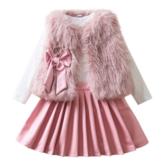 Byoo Girls Outfits Ribbed Long Sleeve Top Leather Pleated Skirt Vest 3Pcs Set