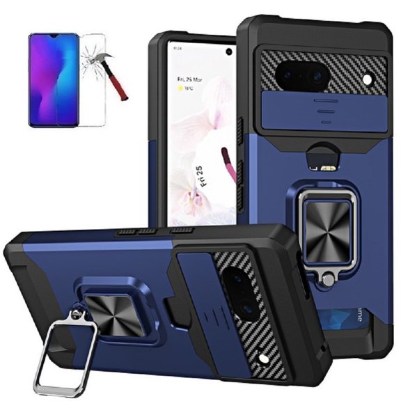 Phone Case for Google Pixel 7a, Ring Stand Card Slot Case Cover Tempered Glass (Blue)