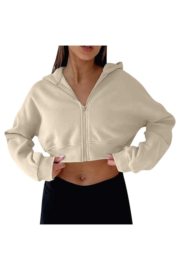 Women's Cropped Zip Up Hoodie Cute Workout Drawstring Hoodie Sweatshirt Jacket Casual Long Sleeve Coat Khaki S