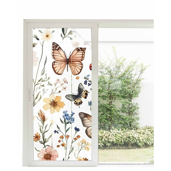 Window Privacy Film Vintage Butterfly Floral Stained Glass Window Film Decorative Sun Block Window Cover Spring Botanical Watercolors Window Clings Static Adhesive Sticker for Bathroom 35.4"x78.7"