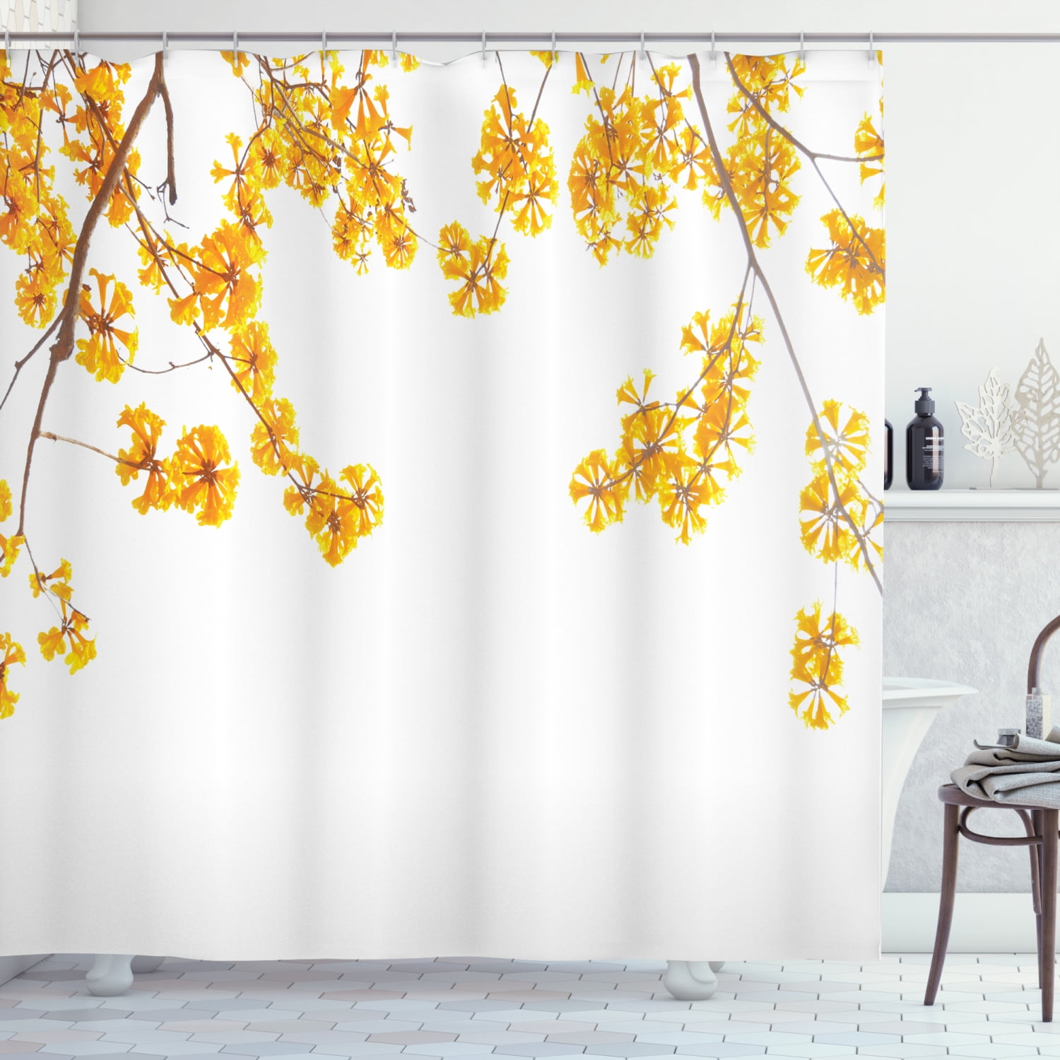 Yellow Shower Curtain, Flower Tree Branches Bloom Blossoming in Spring Garden Sun Rays Nature