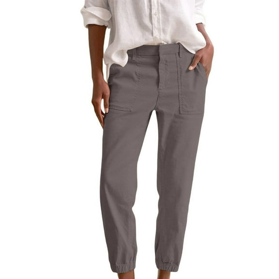 SNOWSONG Chino Pants for Women, Women's Solid Color Elastic Waistband Casual Long Drawstring Pants with Pockets, Womens Joggers, Cropped Linen Pants Women, Work Pants Women Dark Gray L