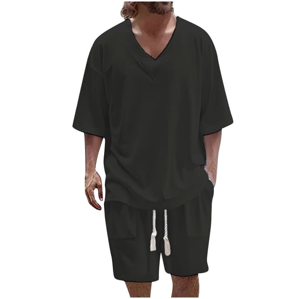 Blusa de Manga Corta Hombres de Moda Casual Sólido Turndown Top Blusas Traje Conjunto, Traje de Dos Piezas para Diario Y Casual