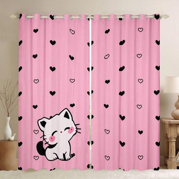 Manfei Kawaii Kitten Blackout Curtains, Sweet Love Heart Doodle Window Curtains Pack of 2 (38x45 Each), Pink