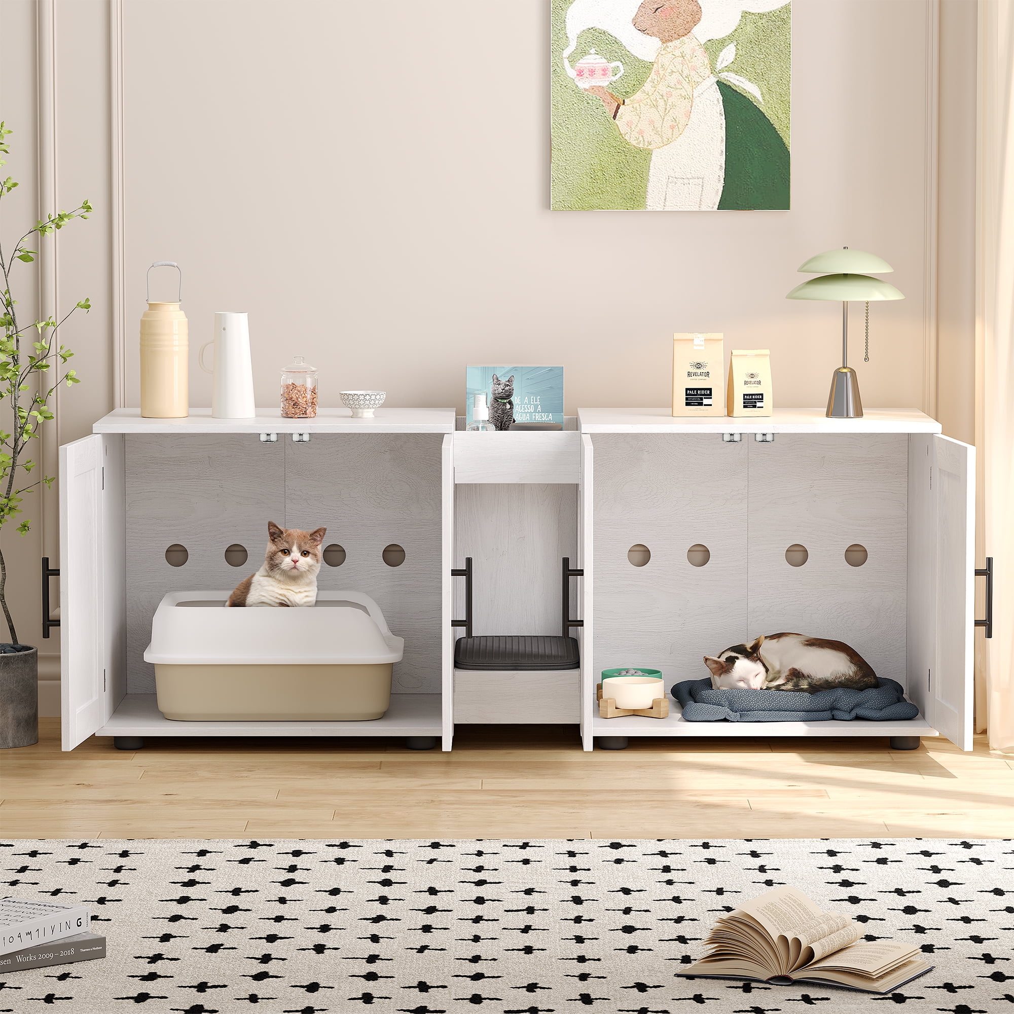 M optimized Litter Box Enclosure for 2 Cats, Cat Hidden Litter Box Enclosure Furniture with Double Room, Wooden Enclosed Cat Litter Box Furniture