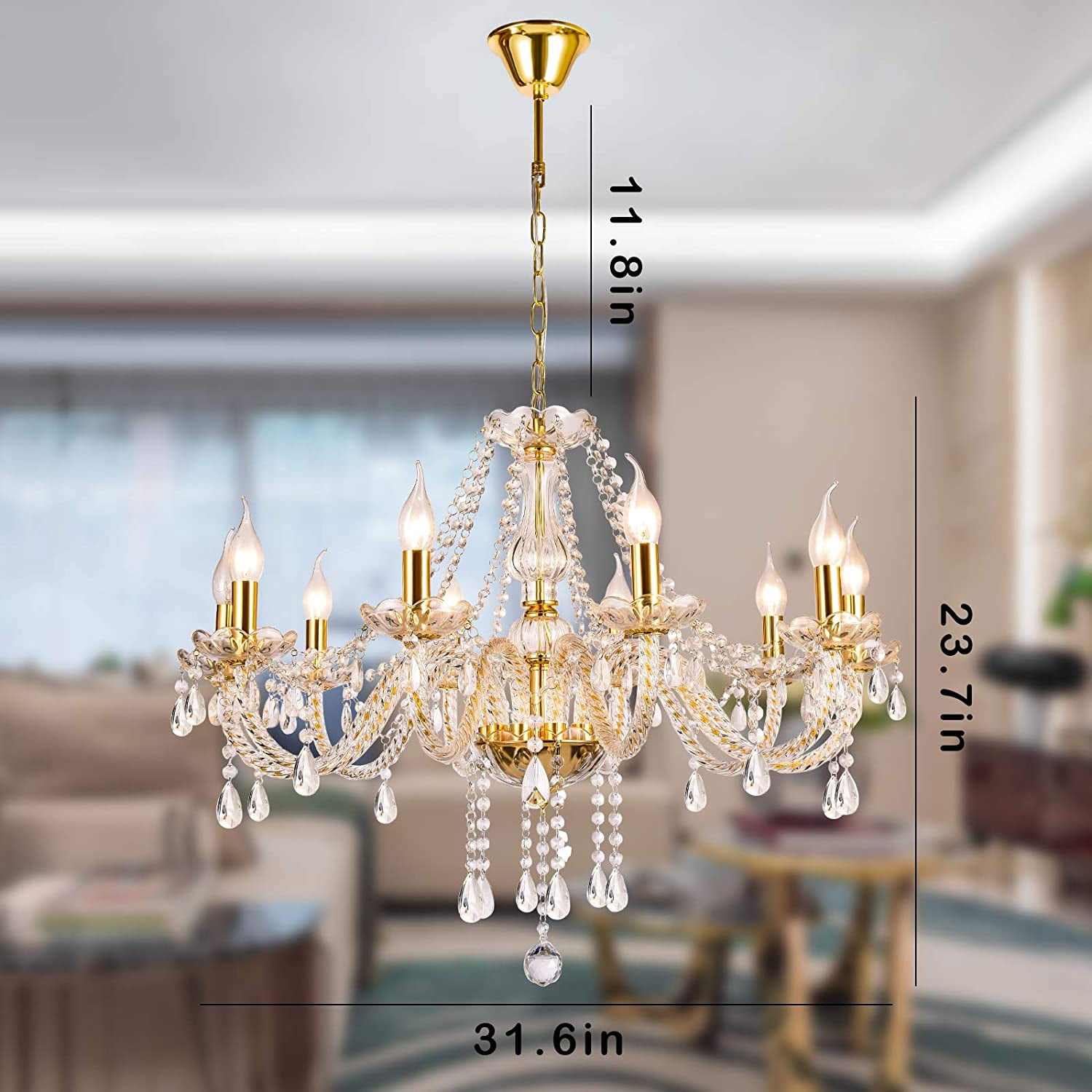 Datingday Gold Crystal Chandelier Lighting,10 Lights Chandeliers for Dining Room,K9 Crystal Pendant Ceiling Lamp,Modern Ceiling Light for Living Room Bedroom Hallway Entry,E12 Base(10 Lights)
