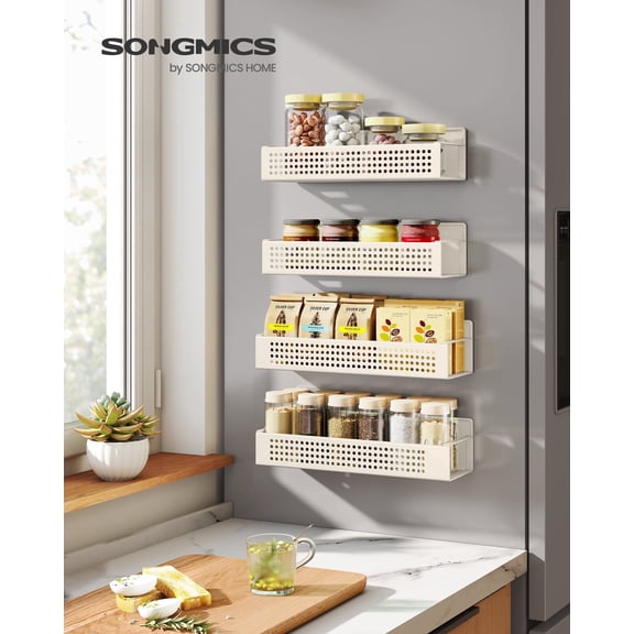 SONGMICS 4-Pack Magnetic Spice Rack Organizer - 2 Large & 2 Small Shelves for Fridge, Microwave, No Drill Installation, Cream White