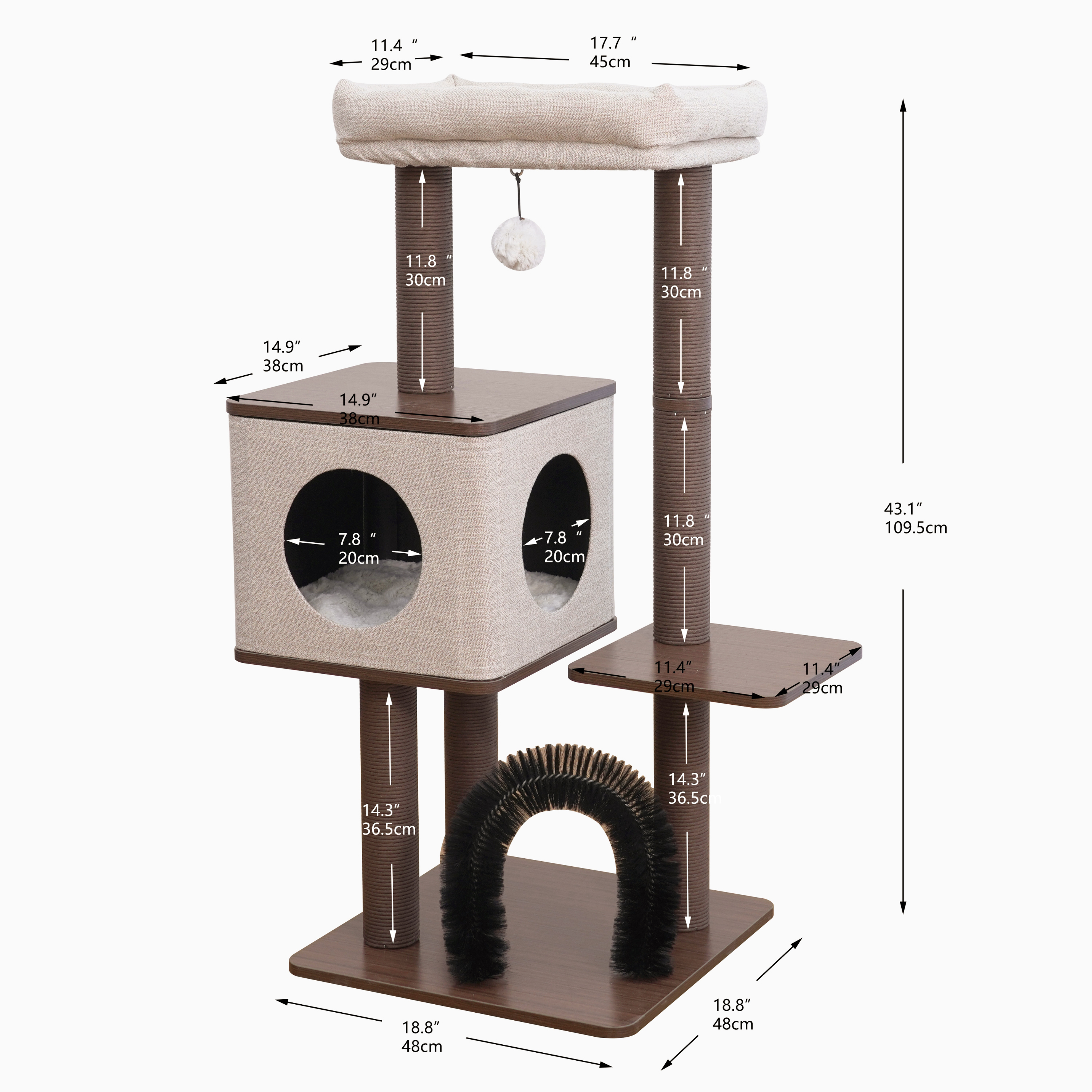 PetPals® Elevate  37” Modern Cat Tree with Recycled Paper Rope Posts, Washable Bed & Condo, Brown