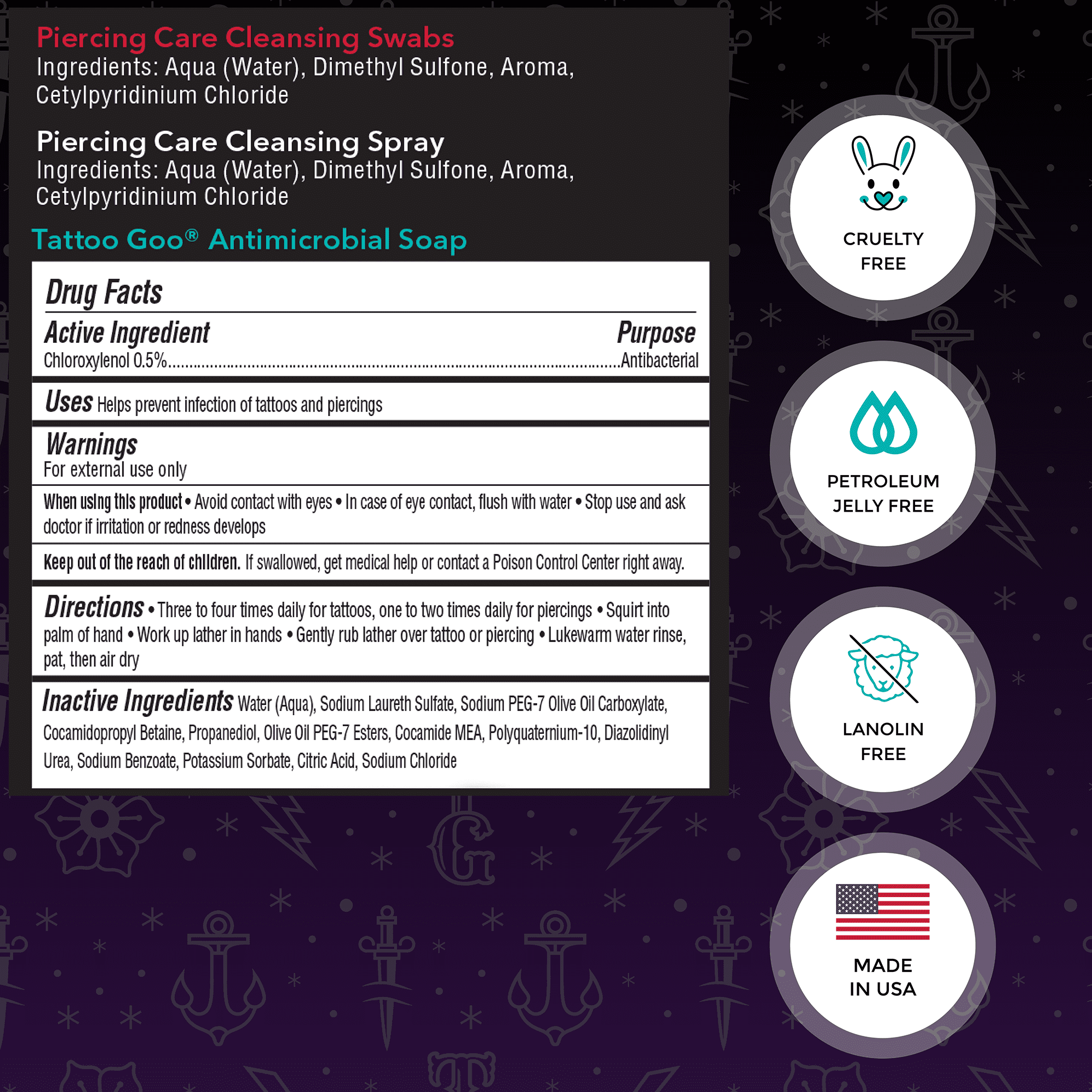 Tattoo Goo Piercing After Care Kit with cleansing swabs and spray and antibacterial soap