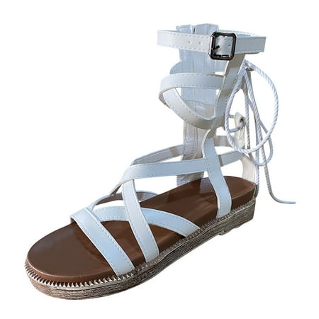 

Sandals Women s Sandals Belt Buckle Flat Heel Roman Sandals Lace-Up Ladies Shoes