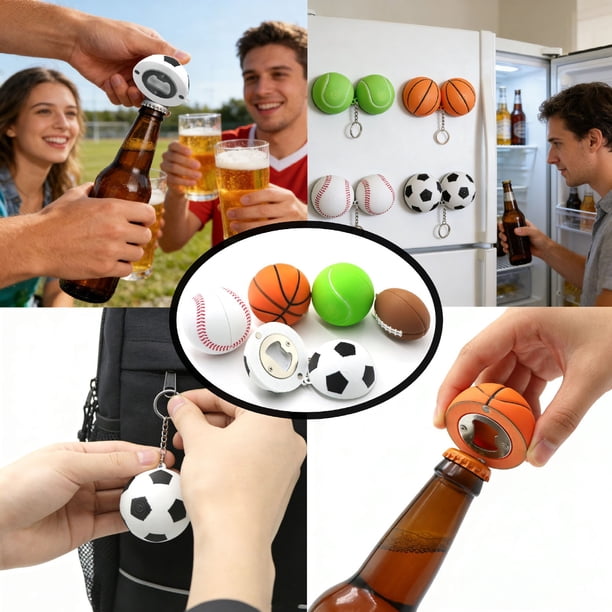 Abrebotellas para balones de fútbol – Abrebotellas magnético • Diseño deportivo redondo • Construcción metálica duradera • Ergonómico • 1 pieza para fiestas
