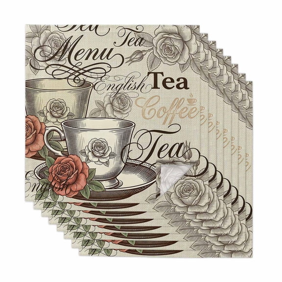 Cloth Napkins Set of 8 - 20x20 Inches, Coffee Tea Time Washable Reusable Table Napkins, Vintage Cup Roses Floral Rustic Soft & Absortbent Dining Napkin for Party Wedding Hotel Restaurant