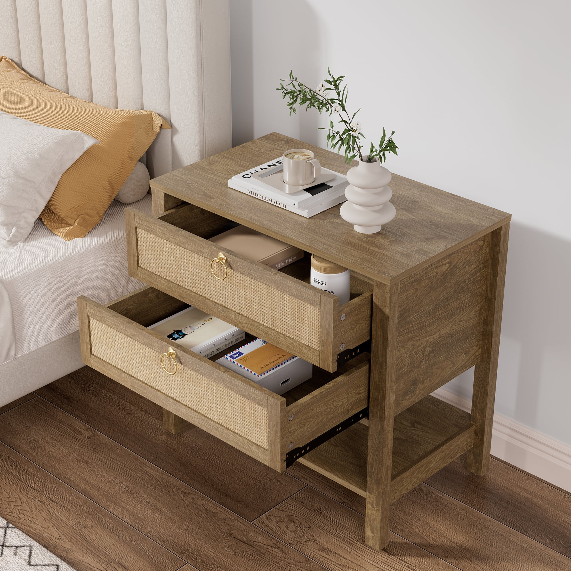 SICOTAS Large Nightstand Set of 2 for Small Spaces, Rattan Night Stands with 2 Drawers and Storage Shelf, Boho Bedside Table Artificial Wood End Table for Bedroom Living Room Hallway, Cherry Oak