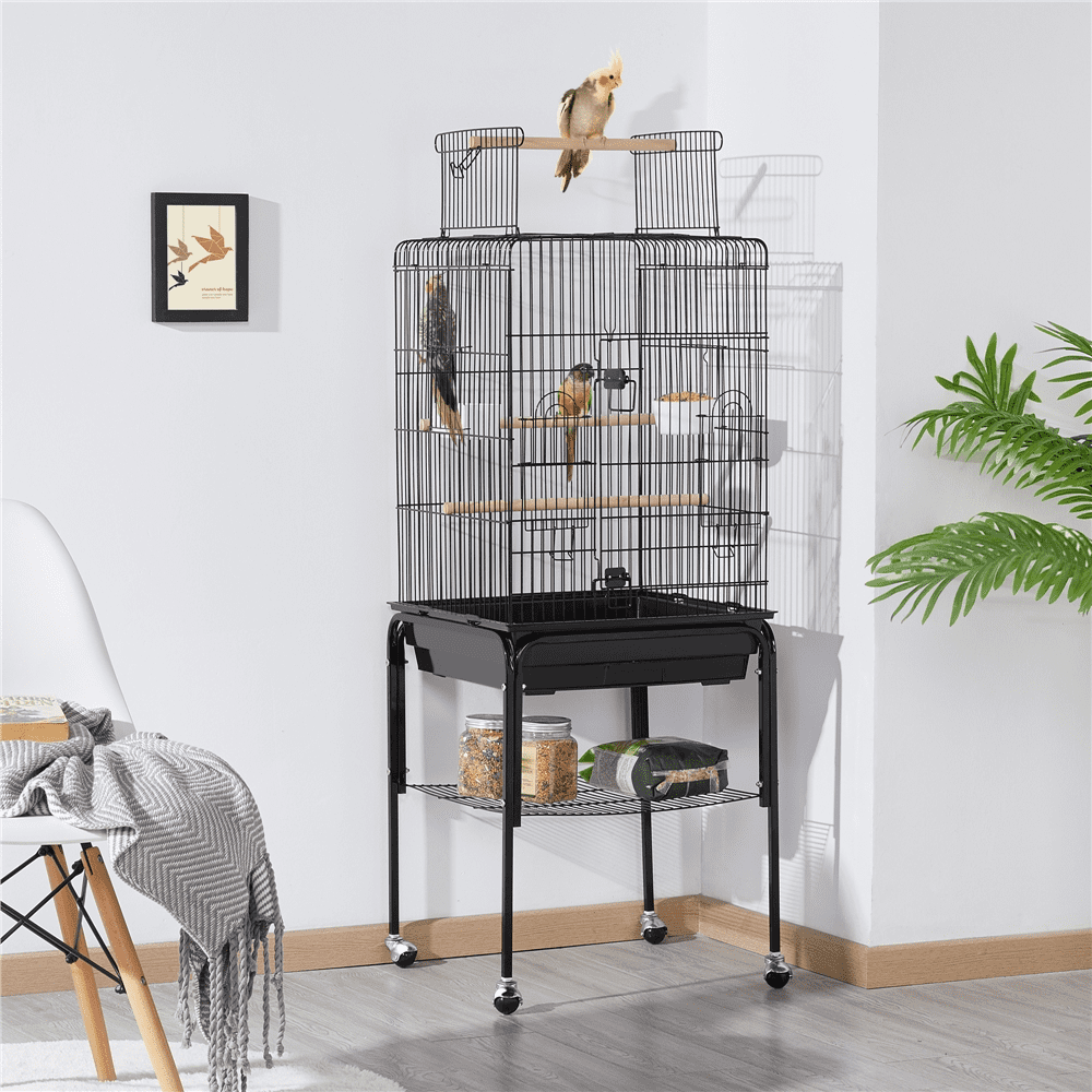 Yaheetech 53.5-inch Open Top Metal Bird Cage with Detachable Rolling Stand, Black