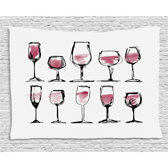Alcohol Tapestry, Watercolor Sketch Style Alcohol Glasses of Wine Composition Print, Wall Hanging for Bedroom Living Room Dorm Decor, 60W X 40L Inches, White Dried Rose and Black, by Ambesonne