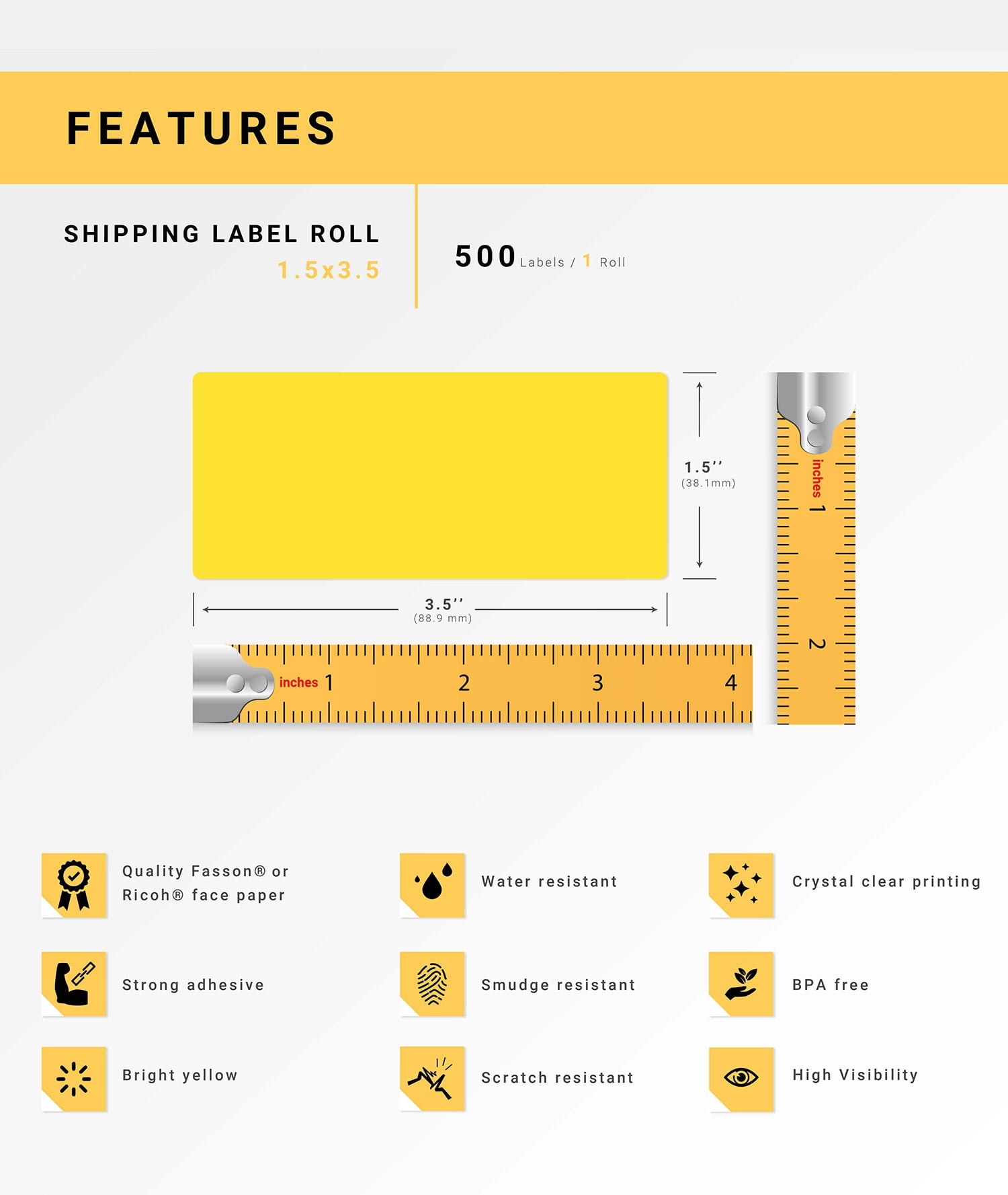 HOUSELABELS 1.5" x 3.5" Yellow Multipurpose Labels Compatible With Zebra and Rollo Printers, 30 Rolls / 500 Labels per Roll