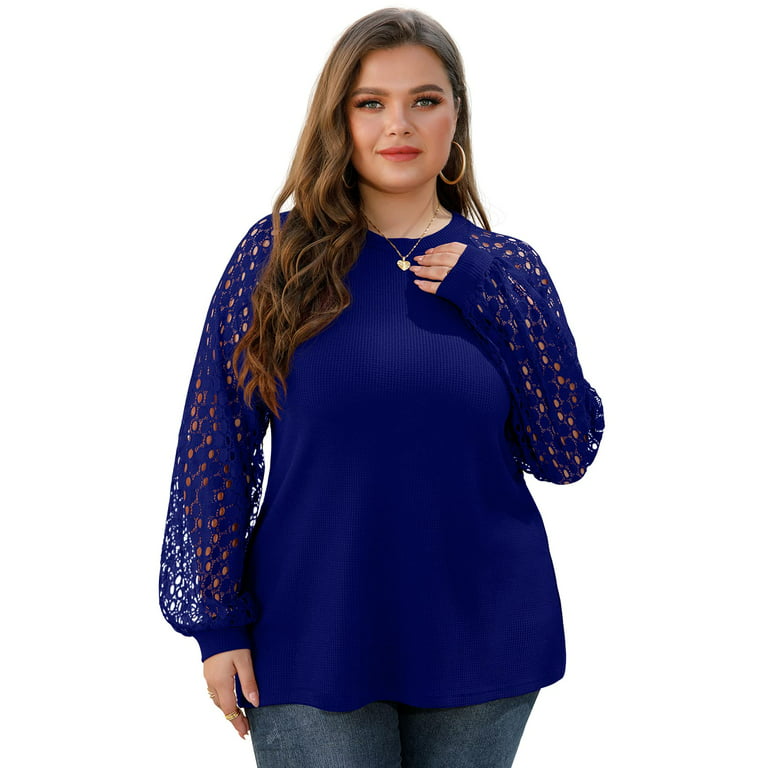 JWD Plus Size Tops For Women Lace Sleeve Blouse Waffle Knit Long Sleeve  Shirts Royal Blue-2X 