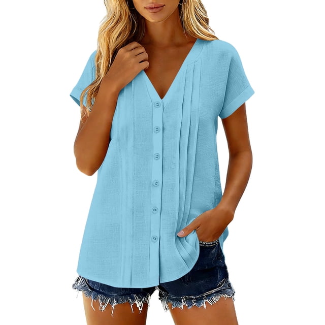 Camisetas de Manga Corta Extra Larga para las Mujeres con Cuello en V Botón Placa con Cuello Blusa de Túnica, Camisa de Manga Larga Azul Claro Mujeres
