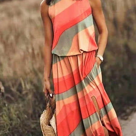 

Women Summer Dress Side Split Crew Neck Printed Loose Sleeveless Maxi Dress Long Skirt for Girl Lady Beach Cover ups S 3