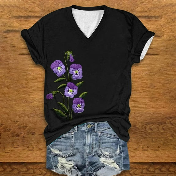 Hamky V Neck T Shirts Womens Short Sleeve Tops Women's Fashion V Neck Short Sleeved Purple Floral Printed Top T Shirt Graphic Tees Womens Tees Black L
