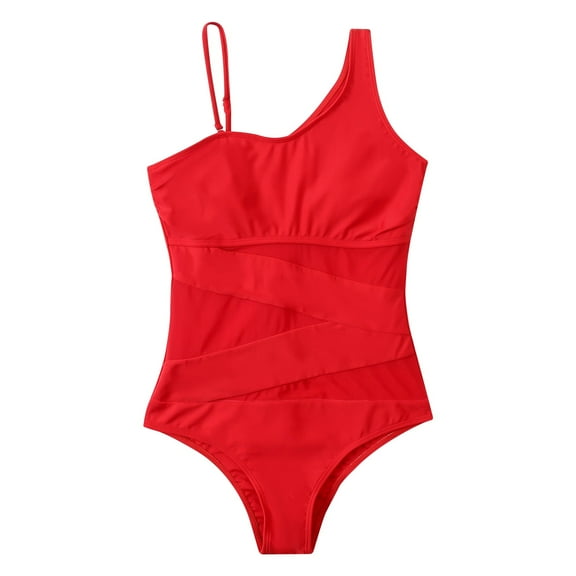 WREESH Womens One Piece Swimsuit Solid Color Swim Suits with Chest Pad Without Underwire Patchwork Strap Shoulder Splicing Yarn Mesh Bikini Swimsuit Sleeveless Bathing Suits Red