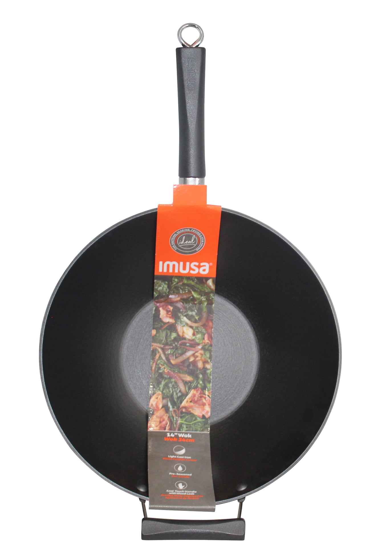 IMUSA GKG-61021 Light Cast Iron Pre-Seasoned Wok with Wood Handle 14-Inch,  Red 