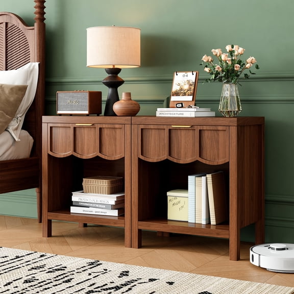 Wood Night Stand with Drawers, Fluted Night Stand Set of 2, Mid Century Small Side Table for Bedroom, Modern Bedside Table for Living Room, Entryway, Walnut