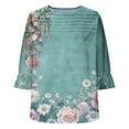 thumbnail image 4 of Women's Summer T-Shirts 3/4 Length Sleeves Floral Print Shirts Casual Ruffle Bells Sleeves Shirts Fashion Classic Front Pleated Slim Blouses Top, 4 of 6