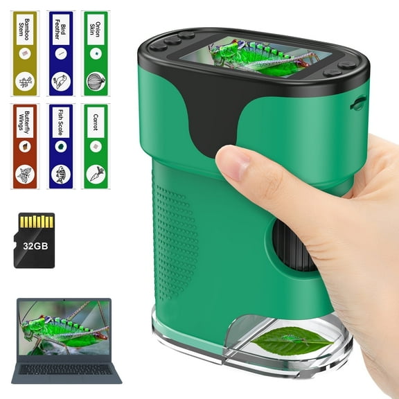 QUNSE Kids Microscope with 4K Screen, Portable Science Kit with Slides for Kids, Rechargeable Digital Handheld Pocket Microscope (Green)