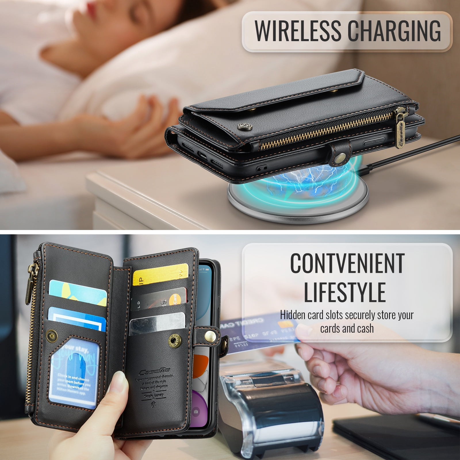 for iPhone 11 Full Body Protection Wallet Folio Flip Case, Shoulder Strap & Wristlet Card Slots Zipper Pocket RFID Blocking Rugged Durable PU Leather Phone Case Cover, Black