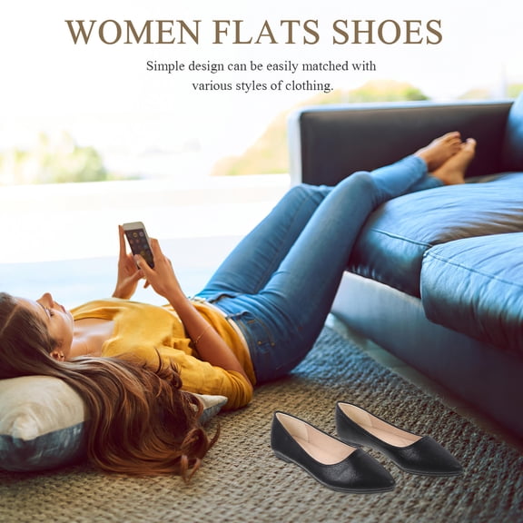 FENGGUIQU Women's’s Black Pointed Toe Ballet Flats Comfortable PU Shoes for Daily Wear Size 8.5