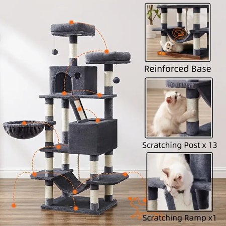 Feandrea 66.1/44.1 Inch Cat Tree - Large Tower with 13 Scratching Posts, 2 Hideaways, 2 Caves, Hammock, and Swing, Perfect for Indoor Cats, Easy Assembly, Stylish Gift!