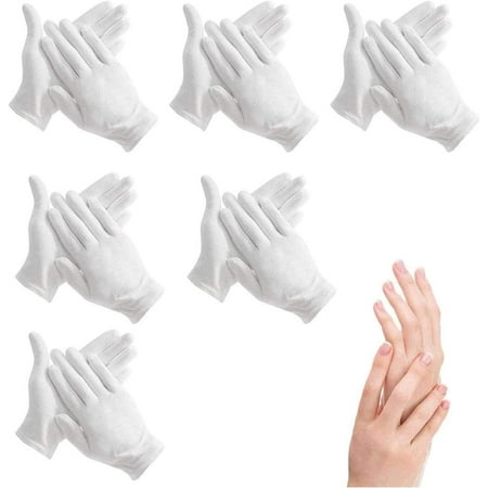 6 Pairs 100% Cotton Moisturizing Gloves Over Night Bedtime White Cotton | Cosmetic Inspection Premium Cloth Quality | Dry Sensitive Irritated Skin Spa Therapy Secure Wristband | One Size