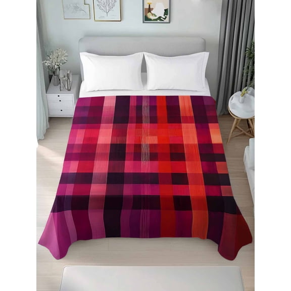 Red Purple Queen Size Flat Sheet, Wrinkleproof & Fadeproof Cooling Flat Bed Sheet Only, Modern Striped Plaid Abstract Oil Painted Breathable Soft Bedding Top Sheets 90 x 102 Inches