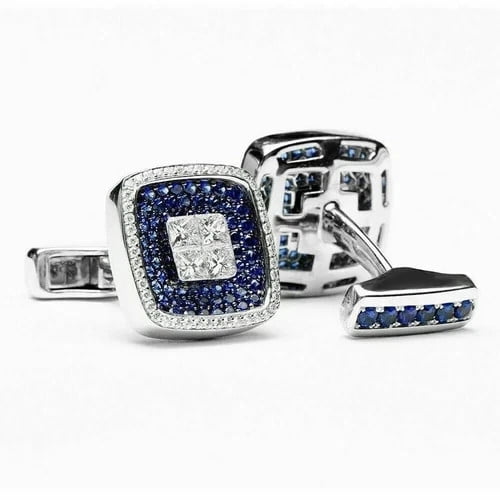 3Ct Round Cut Lab Created Diamond/Blue Sapphire Men's Fancy Cufflinks 14K White Gold Plated Silver