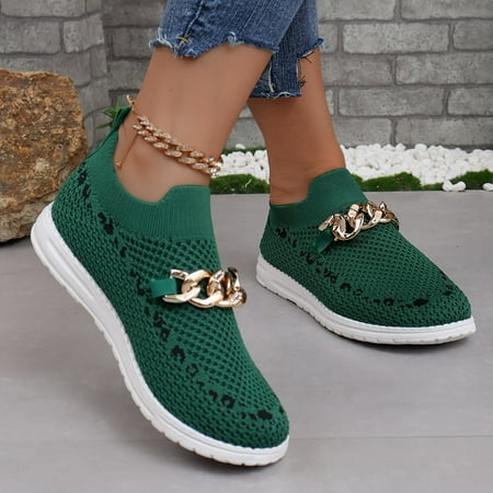 Fashion Sneakers for Women Casual Knitted Breathable Air Cushion Metal Chain Design Trendy Flat Bottom Low Top Canvas Shoes Lightweight Comfort Flats Walking Shoes Play Sneakers Loafers