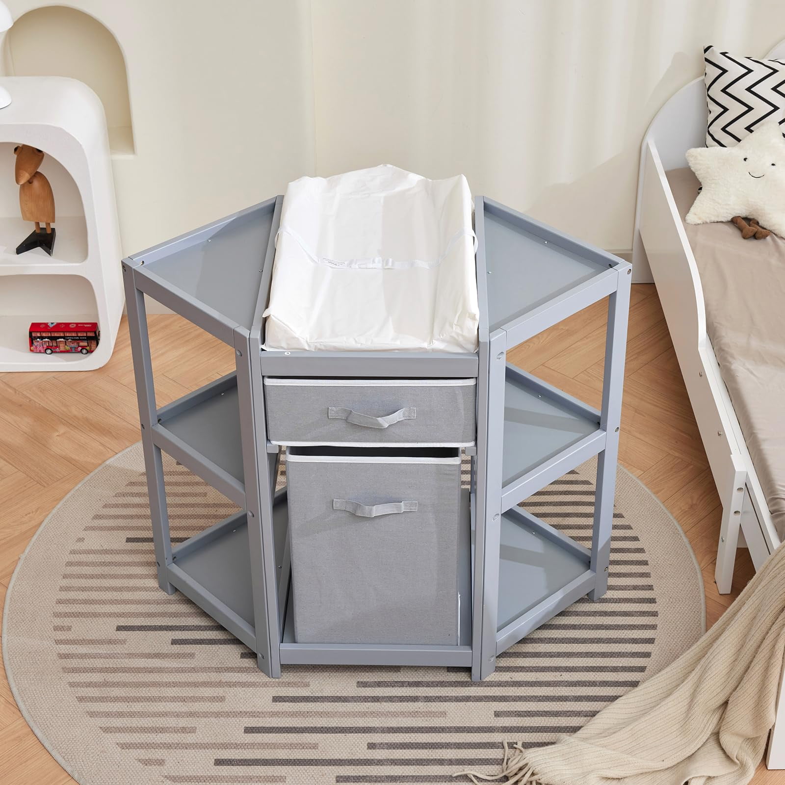 Garvee Corner Diaper Changing Table, Baby Diaper Changing Station with Storage Drawer and Laundry Hamper, Multi-Functional Changing Table Organizer with Pad for Newborn Infant, Gray