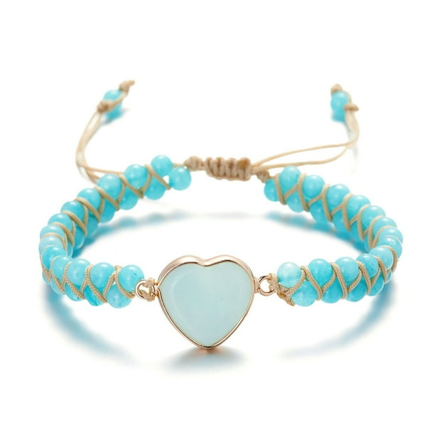 Fiudx Piedra Natural, Pulsera Cuerda Tejida a Mano En Diseño de Corazón, Pulsera Cuentas de Piedra con Hebilla Elástica, Accesorio de Moda para El Día a Día, Regalo para Mujeres y Niñas, Ligero y Cóm